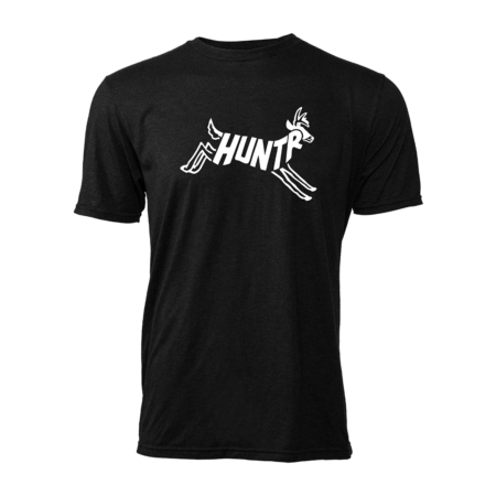 huntr black short sleeve t-shirt with white running deer huntr podcast logo