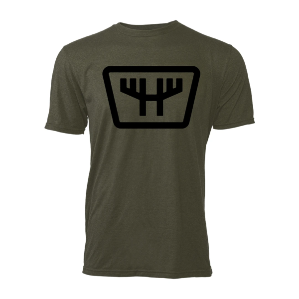 huntr army green short sleeve t-shirt with black huntr podcast logo